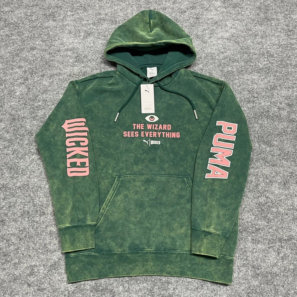 PUMA x WICKED Hoodie Women Medium Dark Myrtle Green Pink Oz Sweatshirt Acid Wash